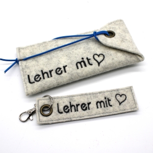 Etui-Filzetui-Stifteetui-Lehrer-SET-mit-Schlsselanhnger-hellgrau