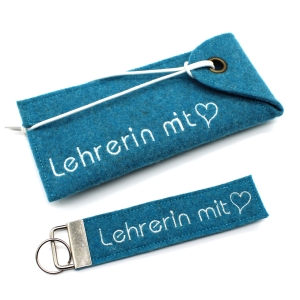 Etui-Filzetui-Stifteetui-Lehrerin-SET-mit-Schlsselanhnger-trkis