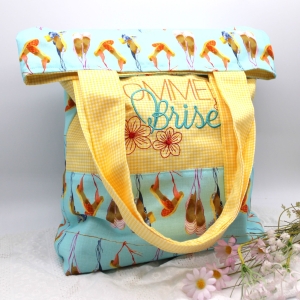 Tasche-Beutel-groe-Einkaufstasche-trkis-blau-gelb-Badeschlappen-Sommerbrise