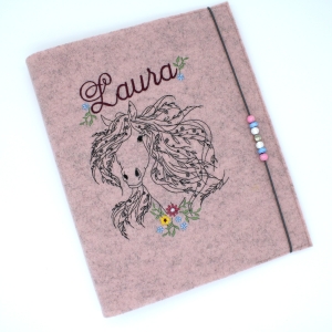 Zeugnismappe-Ringbuch-mit-Hlle-Pferd-Filz-rosa-grau-meliert