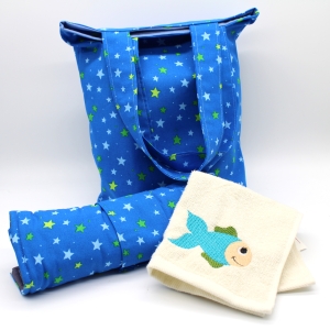 Kindergarten-SET-Sitzkissen-Wschebeutel-Handtuch-Fisch-Sterne-blau