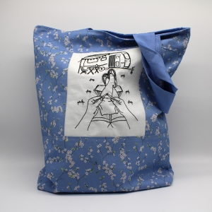 Tasche-Beutel-groe-Einkaufstasche-blau-Blumen-Camping-Stricken-Wolle