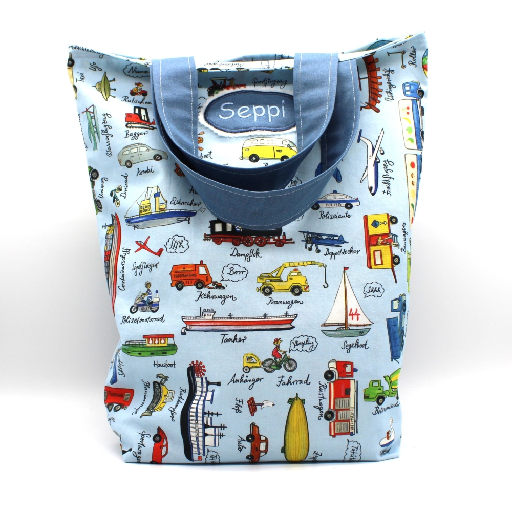 Bild 1 von Tasche Beutel blau Fahrzeuge Kindergarten Tasche Wäschesack  / (Variante Größe) klein mit Name 28x34cm