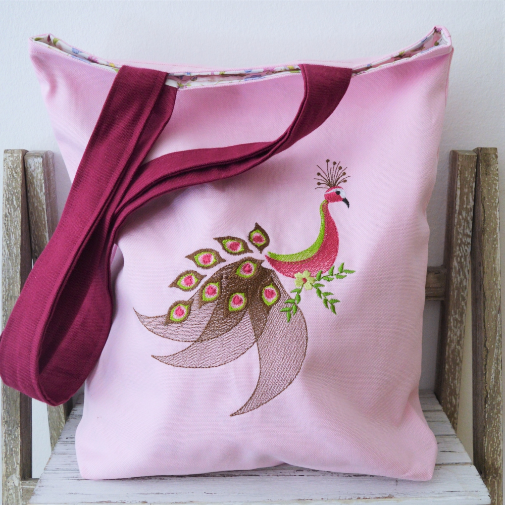 Bild 1 von Tasche Einkaufstasche Beutel mit Pfau bestickt rosa