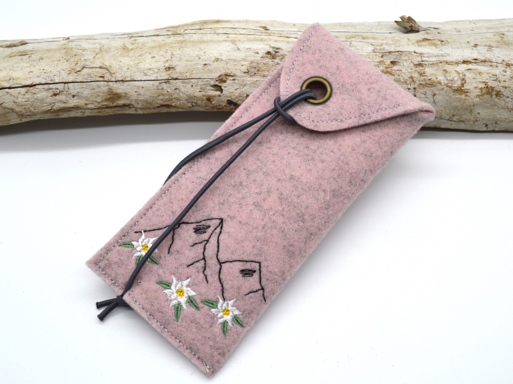 Bild 1 von Etui Filzetui  Stifteetui Brillenetui Edelweiß Berge  / (Variante) Filz rosa grau meliert