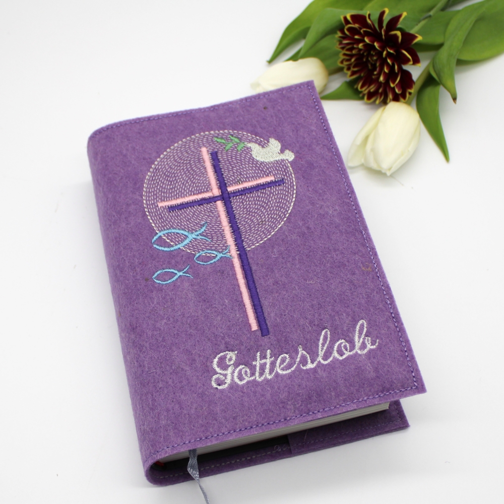 Bild 1 von Gotteslobhülle mit Kreuz Taube Fische aus Filz mit Name flieder lila
