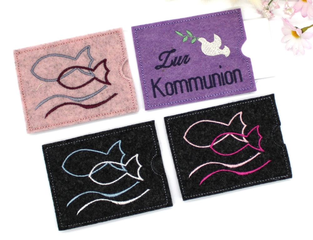 Bild 1 von Gutscheinhülle Filzhülle für einen Gutschein Karte Geld Kommunion Firmung Konfirmation  / (Variante Farbe) flieder Filz zur Kommunion Taube