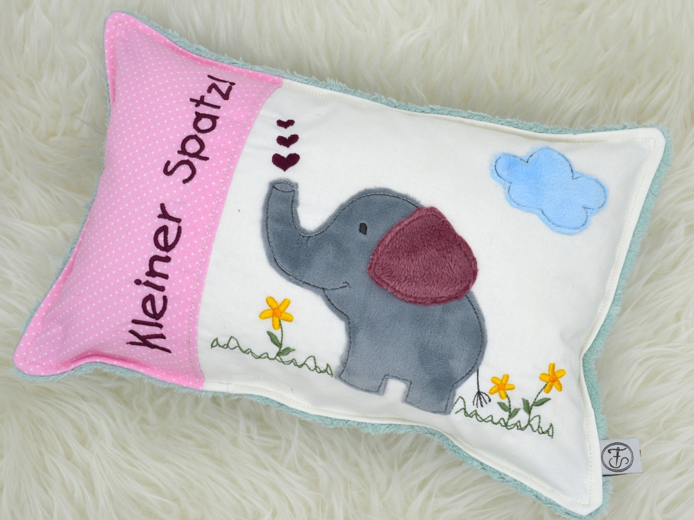 Bild 1 von Kissen Elefant rosa eisblau klein 35x23cm  / (Variante) Spruch 