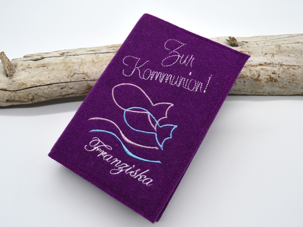 Bild 1 von Gotteslobhülle aus Filz Fische auch mit Name  / (Variante) Zur Kommunion mit Name, lila