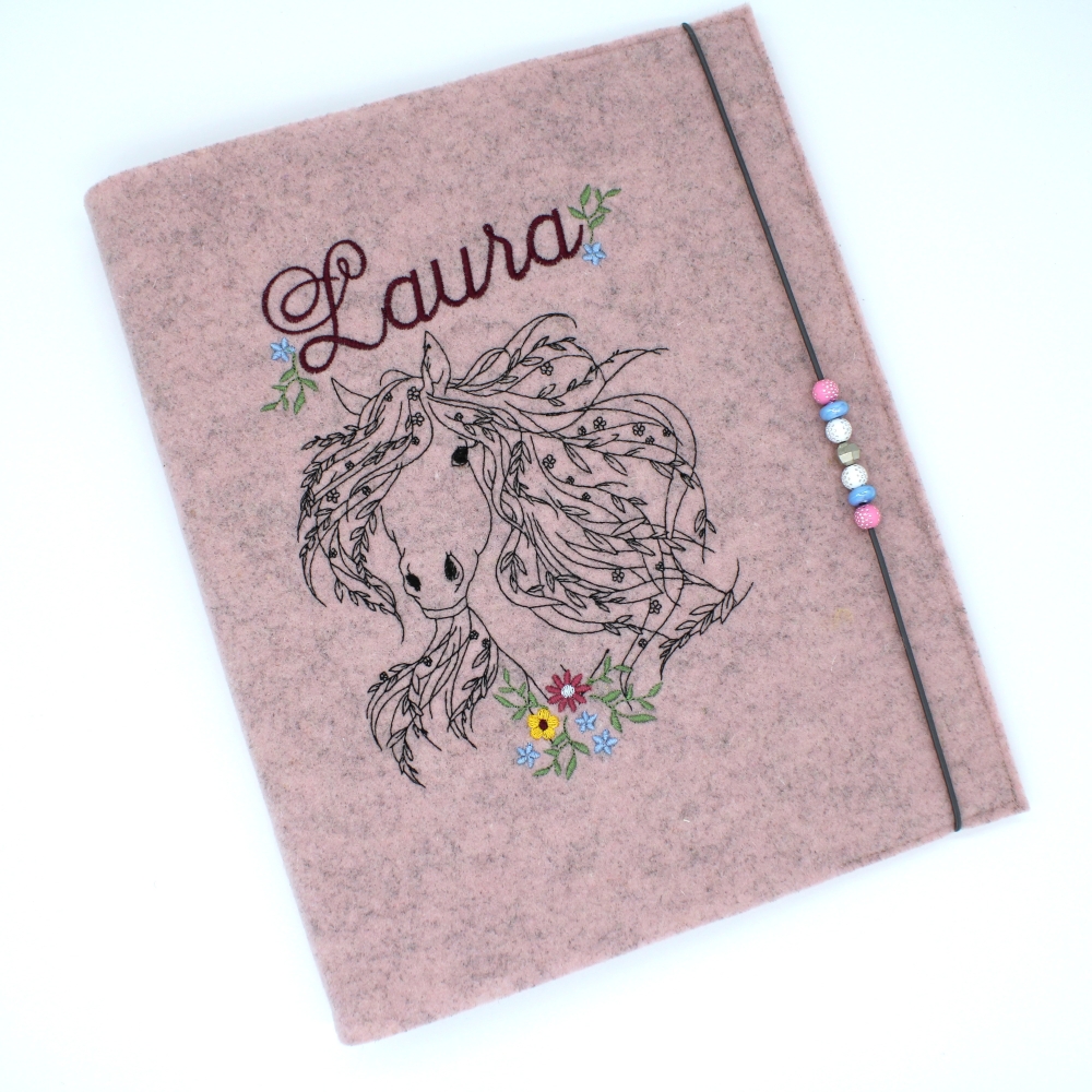 Bild 1 von Zeugnismappe Ringbuch mit Hülle Pferd Filz rosa grau meliert  / (Variante) mit Name