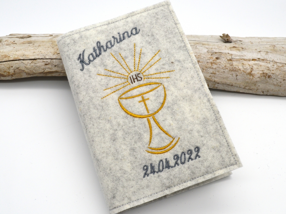 Bild 1 von Gotteslobhülle grau mit Kelch auch mit Name  / (Variante) Kelch mit Name + Datum