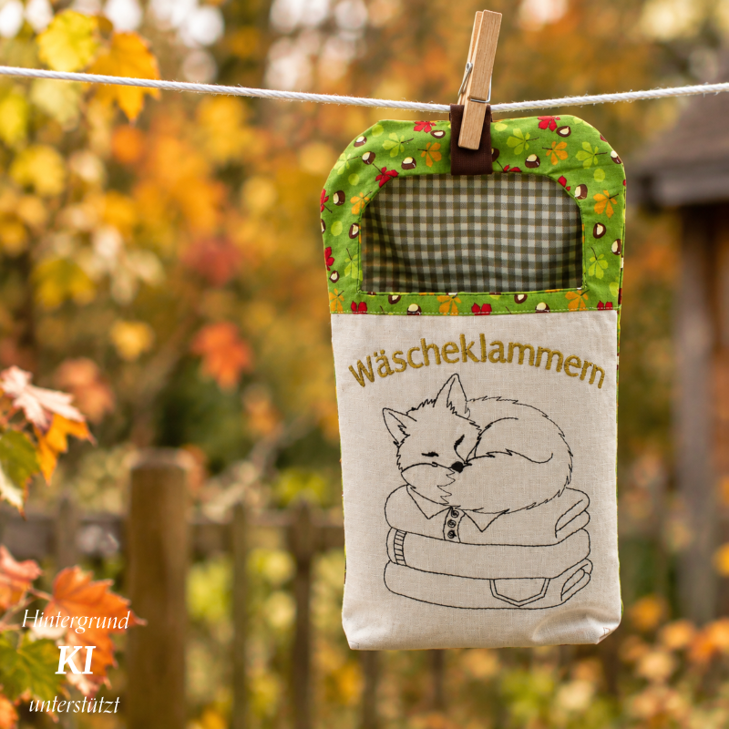 Bild 1 von Wäscheklammerbeutel Klammerbeutel bestickt mit Fuchs 70-80 Holzklammern  / (Variante Motiv) grün beige Fuchs schlafend