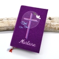 Gotteslobhülle mit Kreuz Taube Fische aus Filz mit Name magentha